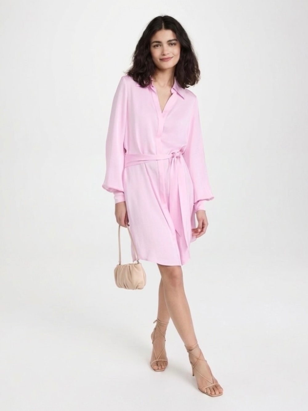 Ramy Brook Ayla Tie-Front Shirtdress Pink Satin Polyester Mini Dress Size 8